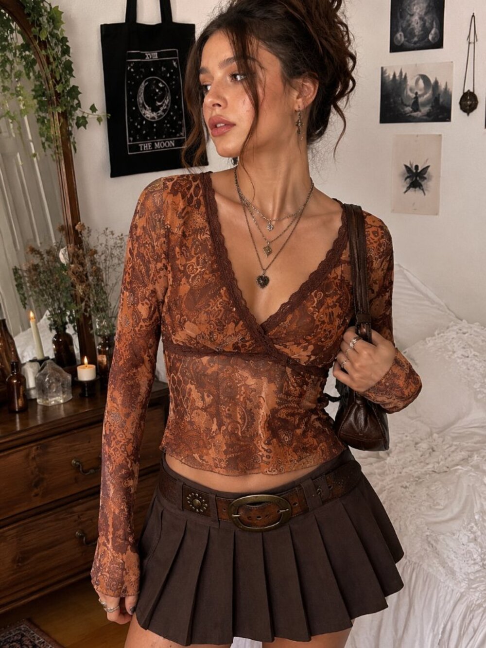 Brown Paisley Mesh Lace Top Y2K Boho Fairy Grunge Whimsigoth Dark Boho Festival
